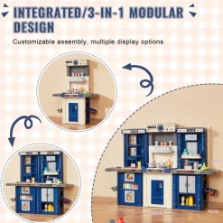 VEVOR Kids Kitchen Playset, 3-in-1 Toddler Kitchen with Simulated Spray, Sounds and Lights, Play Kitchen Set with 74 PCS Cooking Accessory Set for Toddlers, Preschoolers, Children Ages 3-8, Blue