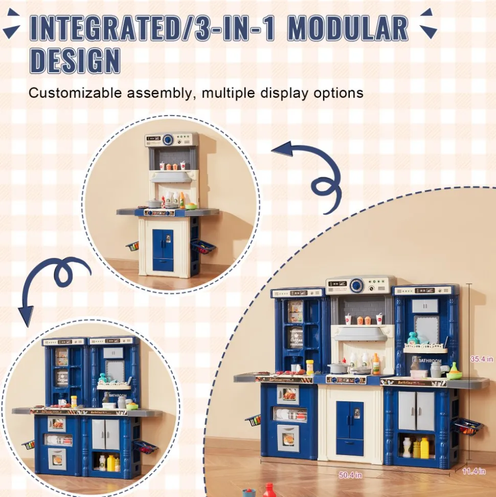 VEVOR Kids Kitchen Playset, 3-in-1 Toddler Kitchen with Simulated Spray, Sounds and Lights, Play Kitchen Set with 74 PCS Cooking Accessory Set for Toddlers, Preschoolers, Children Ages 3-8, Blue