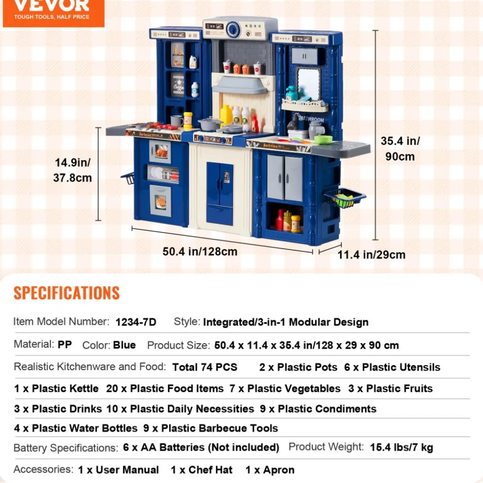 VEVOR Kids Kitchen Playset, 3-in-1 Toddler Kitchen with Simulated Spray, Sounds and Lights, Play Kitchen Set with 74 PCS Cooking Accessory Set for Toddlers, Preschoolers, Children Ages 3-8, Blue