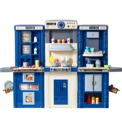 VEVOR Kids Kitchen Playset, 3-in-1 Toddler Kitchen with Simulated Spray, Sounds and Lights, Play Kitchen Set with 74 PCS Cooking Accessory Set for Toddlers, Preschoolers, Children Ages 3-8, Blue