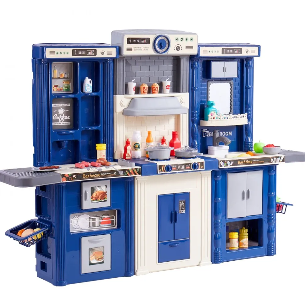 VEVOR Kids Kitchen Playset, 3-in-1 Toddler Kitchen with Simulated Spray, Sounds and Lights, Play Kitchen Set with 74 PCS Cooking Accessory Set for Toddlers, Preschoolers, Children Ages 3-8, Blue