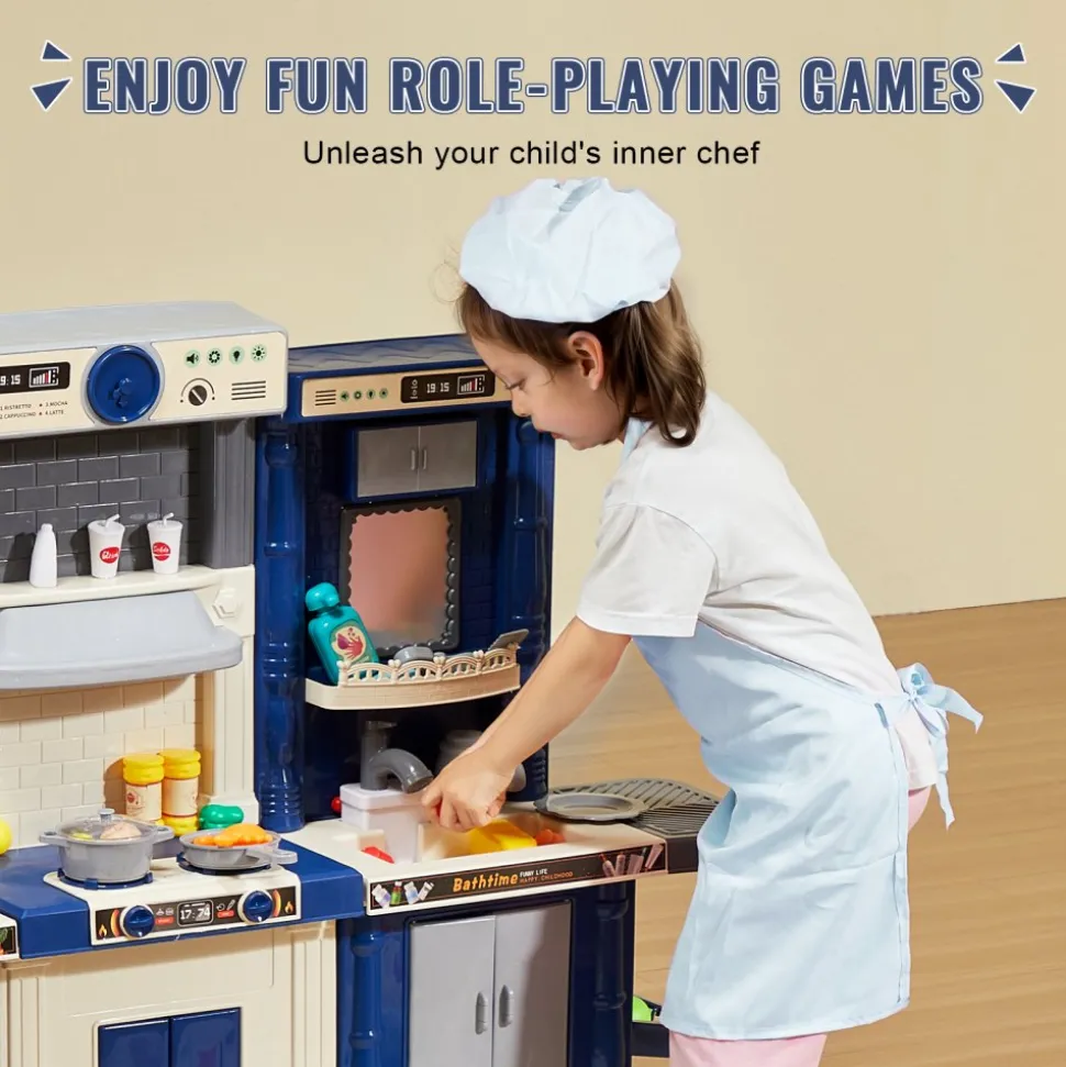 VEVOR Kids Kitchen Playset, 3-in-1 Toddler Kitchen with Simulated Spray, Sounds and Lights, Play Kitchen Set with 74 PCS Cooking Accessory Set for Toddlers, Preschoolers, Children Ages 3-8, Blue