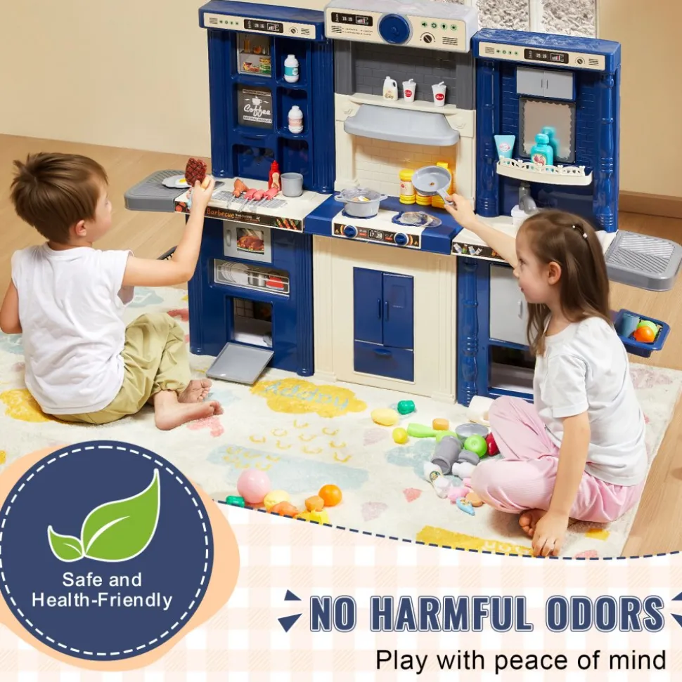 VEVOR Kids Kitchen Playset, 3-in-1 Toddler Kitchen with Simulated Spray, Sounds and Lights, Play Kitchen Set with 74 PCS Cooking Accessory Set for Toddlers, Preschoolers, Children Ages 3-8, Blue