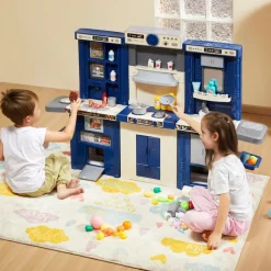 VEVOR Kids Kitchen Playset, 3-in-1 Toddler Kitchen with Simulated Spray, Sounds and Lights, Play Kitchen Set with 74 PCS Cooking Accessory Set for Toddlers, Preschoolers, Children Ages 3-8, Blue