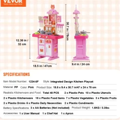 VEVOR Kids Kitchen Playset, Toddler Kitchen with Cooking Stove with Steam, Sounds and Lights, Play Kitchen Set with 48 PCS Cooking Accessory Set for Toddlers, Preschoolers, Children Ages 3-5, Pink