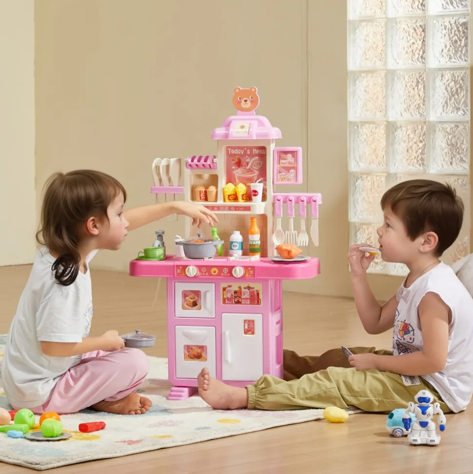 VEVOR Kids Kitchen Playset, Toddler Kitchen with Cooking Stove with Steam, Sounds and Lights, Play Kitchen Set with 48 PCS Cooking Accessory Set for Toddlers, Preschoolers, Children Ages 3-5, Pink