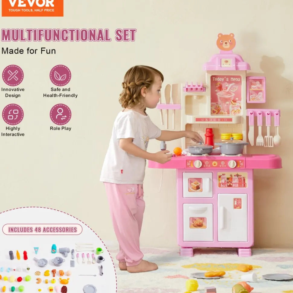 VEVOR Kids Kitchen Playset, Toddler Kitchen with Cooking Stove with Steam, Sounds and Lights, Play Kitchen Set with 48 PCS Cooking Accessory Set for Toddlers, Preschoolers, Children Ages 3-5, Pink