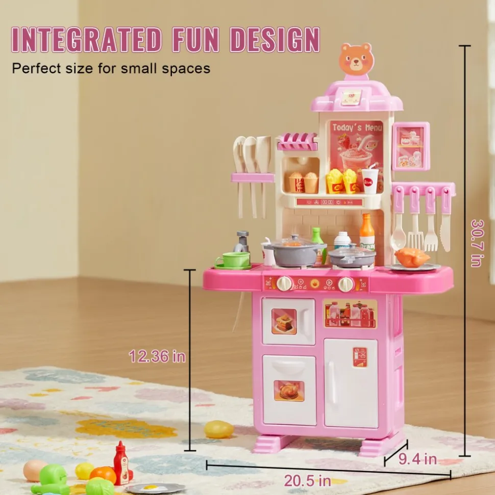 VEVOR Kids Kitchen Playset, Toddler Kitchen with Cooking Stove with Steam, Sounds and Lights, Play Kitchen Set with 48 PCS Cooking Accessory Set for Toddlers, Preschoolers, Children Ages 3-5, Pink