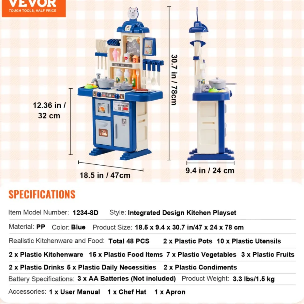 VEVOR Kids Kitchen Playset, Toddler Kitchen with Cooking Stove with Steam, Sounds and Lights, Play Kitchen Set with 48 PCS Cooking Accessory Set for Toddlers, Preschoolers, Children Ages 3-5, Blue