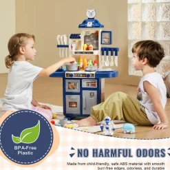 VEVOR Kids Kitchen Playset, Toddler Kitchen with Cooking Stove with Steam, Sounds and Lights, Play Kitchen Set with 48 PCS Cooking Accessory Set for Toddlers, Preschoolers, Children Ages 3-5, Blue