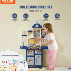 VEVOR Kids Kitchen Playset, Toddler Kitchen with Cooking Stove with Steam, Sounds and Lights, Play Kitchen Set with 48 PCS Cooking Accessory Set for Toddlers, Preschoolers, Children Ages 3-5, Blue