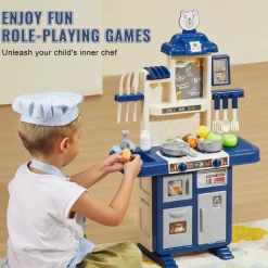 VEVOR Kids Kitchen Playset, Toddler Kitchen with Cooking Stove with Steam, Sounds and Lights, Play Kitchen Set with 48 PCS Cooking Accessory Set for Toddlers, Preschoolers, Children Ages 3-5, Blue
