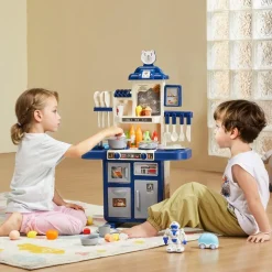 VEVOR Kids Kitchen Playset, Toddler Kitchen with Cooking Stove with Steam, Sounds and Lights, Play Kitchen Set with 48 PCS Cooking Accessory Set for Toddlers, Preschoolers, Children Ages 3-5, Blue