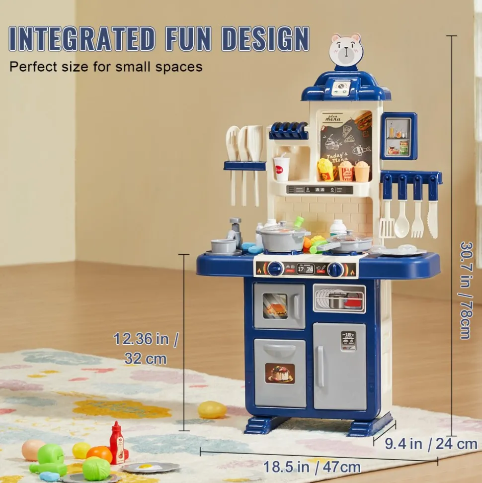 VEVOR Kids Kitchen Playset, Toddler Kitchen with Cooking Stove with Steam, Sounds and Lights, Play Kitchen Set with 48 PCS Cooking Accessory Set for Toddlers, Preschoolers, Children Ages 3-5, Blue