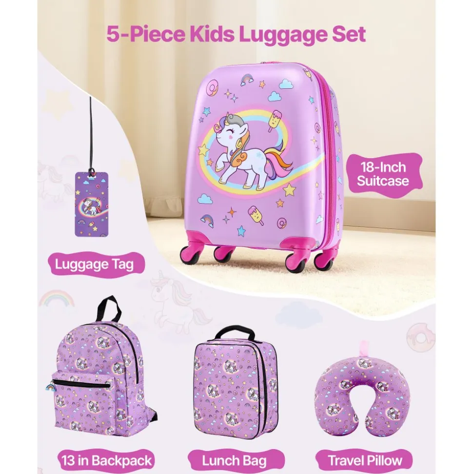 VEVOR Kids Luggage Set, 2 Piece, 18 Inch Hardside Rolling Wheels Suitcase with Hard-Shell Backpack, Dinosaur Kids Carry on Luggage Set, Holiday Birthday Gift for Girls & Boys, Airline Approved