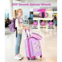 VEVOR Kids Luggage Set, 2 Piece, 18 Inch Hardside Rolling Wheels Suitcase with Hard-Shell Backpack, Dinosaur Kids Carry on Luggage Set, Holiday Birthday Gift for Girls & Boys, Airline Approved
