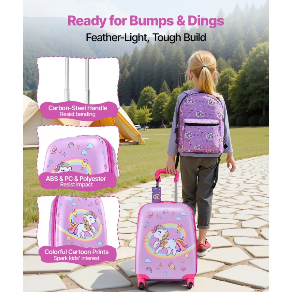 VEVOR Kids Luggage Set, 2 Piece, 18 Inch Hardside Rolling Wheels Suitcase with Hard-Shell Backpack, Dinosaur Kids Carry on Luggage Set, Holiday Birthday Gift for Girls & Boys, Airline Approved