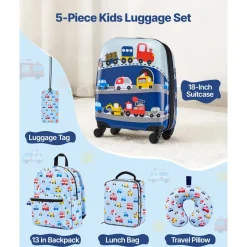 VEVOR Kids Luggage Set, 5 Piece, 18 Inch Hardside Rolling Wheels Suitcase with Backpack & U-shape Pillow, Truck Kids Carry on Luggage Set, Holiday Birthday Gift for Girls Boys, Airline Approved