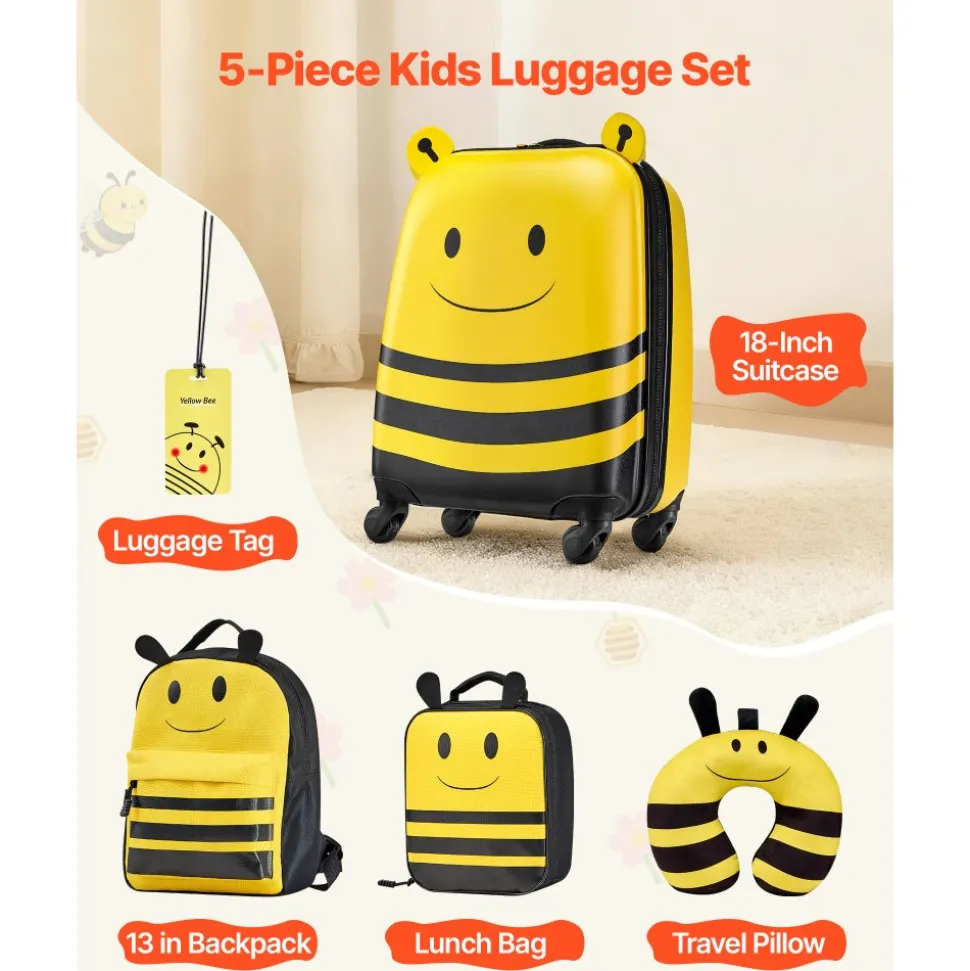 VEVOR Kids Luggage Set, 5 Piece, 18 Inch Hardside Rolling Wheels Suitcase with Backpack & U-shape Pillow, Bee Kids Carry on Luggage Set, Holiday Birthday Gift for Girls Boys, Airline Approved