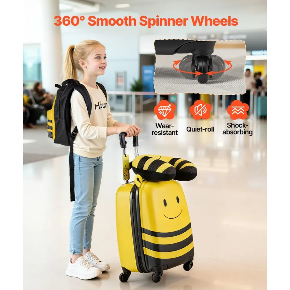 VEVOR Kids Luggage Set, 5 Piece, 18 Inch Hardside Rolling Wheels Suitcase with Backpack & U-shape Pillow, Bee Kids Carry on Luggage Set, Holiday Birthday Gift for Girls Boys, Airline Approved