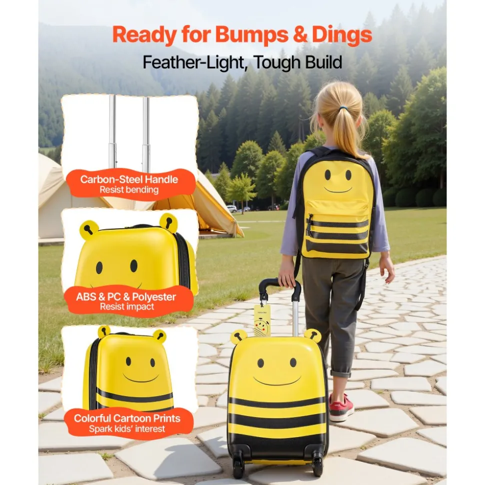 VEVOR Kids Luggage Set, 5 Piece, 18 Inch Hardside Rolling Wheels Suitcase with Backpack & U-shape Pillow, Bee Kids Carry on Luggage Set, Holiday Birthday Gift for Girls Boys, Airline Approved