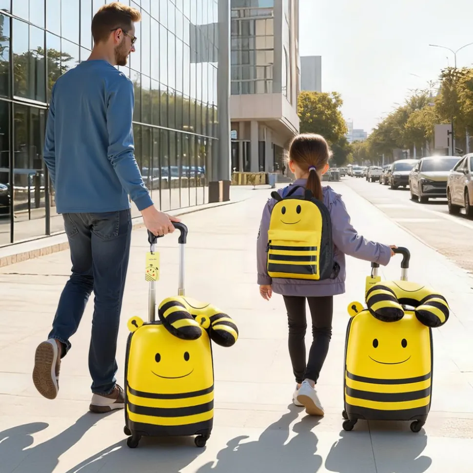 VEVOR Kids Luggage Set, 5 Piece, 18 Inch Hardside Rolling Wheels Suitcase with Backpack & U-shape Pillow, Bee Kids Carry on Luggage Set, Holiday Birthday Gift for Girls Boys, Airline Approved