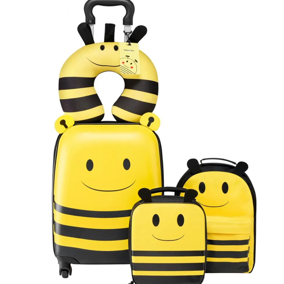 VEVOR Kids Luggage Set, 5 Piece, 18 Inch Hardside Rolling Wheels Suitcase with Backpack & U-shape Pillow, Bee Kids Carry on Luggage Set, Holiday Birthday Gift for Girls Boys, Airline Approved