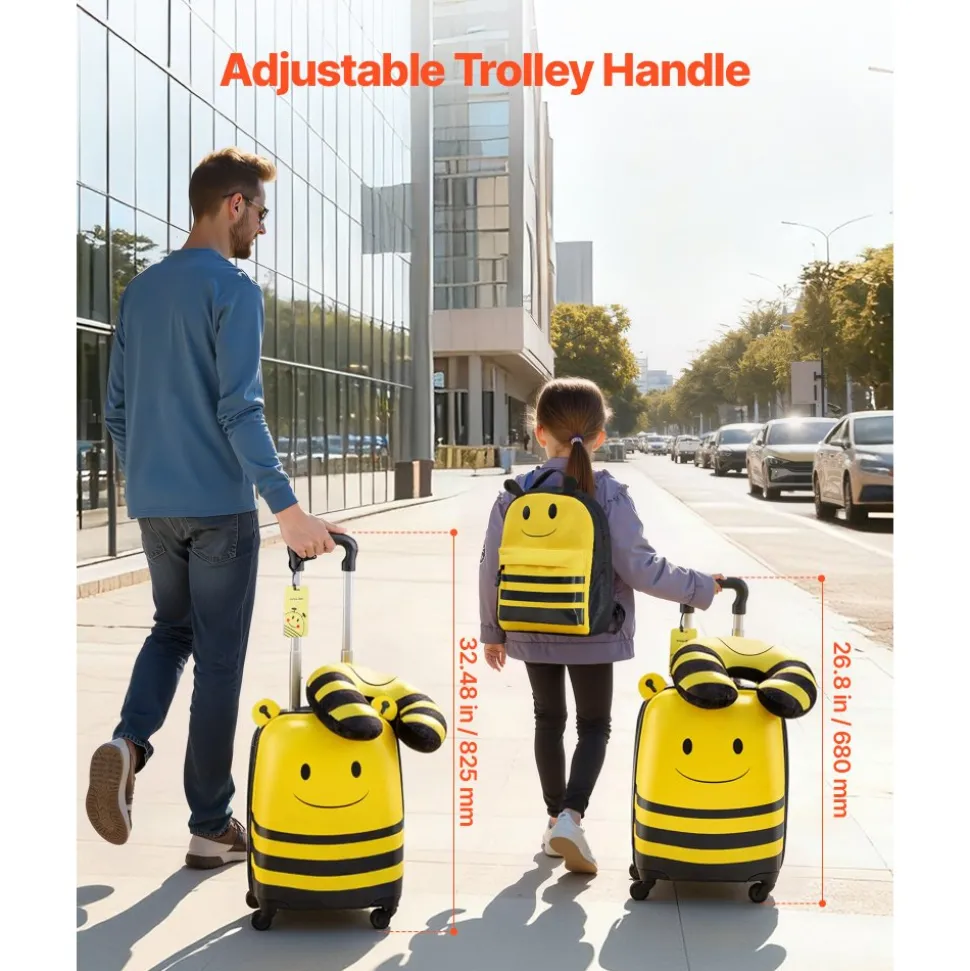 VEVOR Kids Luggage Set, 5 Piece, 18 Inch Hardside Rolling Wheels Suitcase with Backpack & U-shape Pillow, Bee Kids Carry on Luggage Set, Holiday Birthday Gift for Girls Boys, Airline Approved