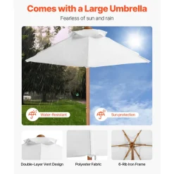 VEVOR Kids Picnic Table with Umbrella, 3-in-1 Sand & Water Table, Outdoor Wooden Table and Bench Set with 2 Trays, 4-People Patio Dining Furniture for Garden, Backyard and Porch (Walnut)