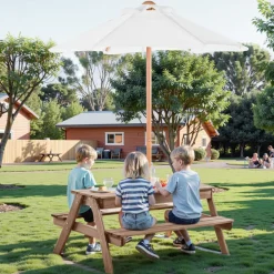 VEVOR Kids Picnic Table with Umbrella, 3-in-1 Sand & Water Table, Outdoor Wooden Table and Bench Set with 2 Trays, 4-People Patio Dining Furniture for Garden, Backyard and Porch (Walnut)