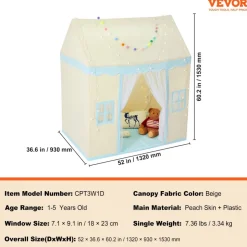 VEVOR Kids Play Tent, Kids Tent for Kids 1-5 Years Old, Toddler Tent with Mat and Tent Lamp, Tent for Kids with Windows for Indoor and Outdoor, Play House Castle Tent for Boys and Girls, Beige