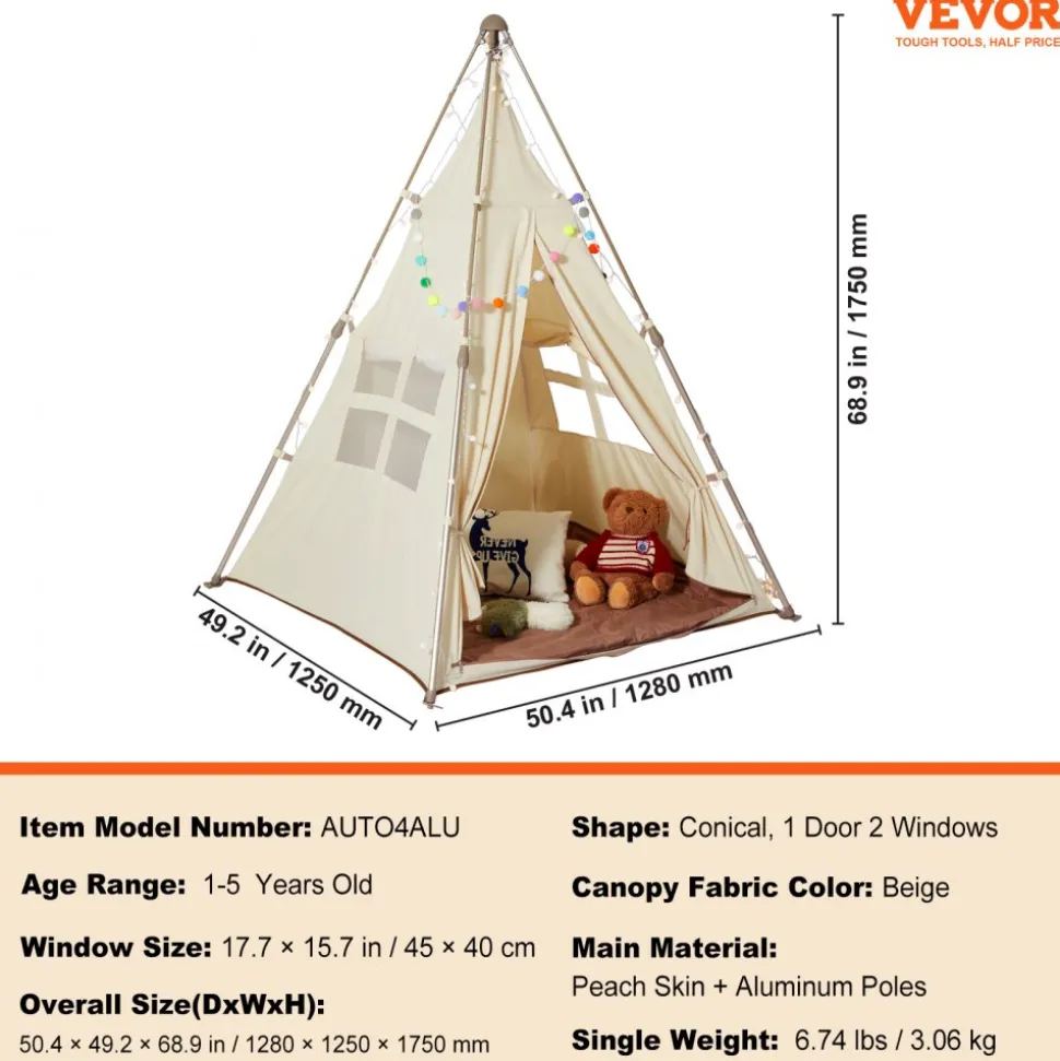 VEVOR Kids Play Tent, Teepee Tent for Kids 1-5 Years Old, Tent for Kids with Windows for Indoor and Outdoor, Foldable Toddler Tent with Mat and Carrying Bag, Kids Tent for Boys and Girls, Beige