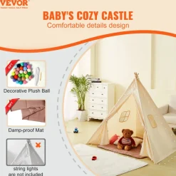 VEVOR Kids Play Tent, Teepee Tent for Kids 1-5 Years Old, Tent for Kids with Windows for Indoor and Outdoor, Toddler Tent with Mat and Plush Decorative Balls, for Boys and Girls, Beige
