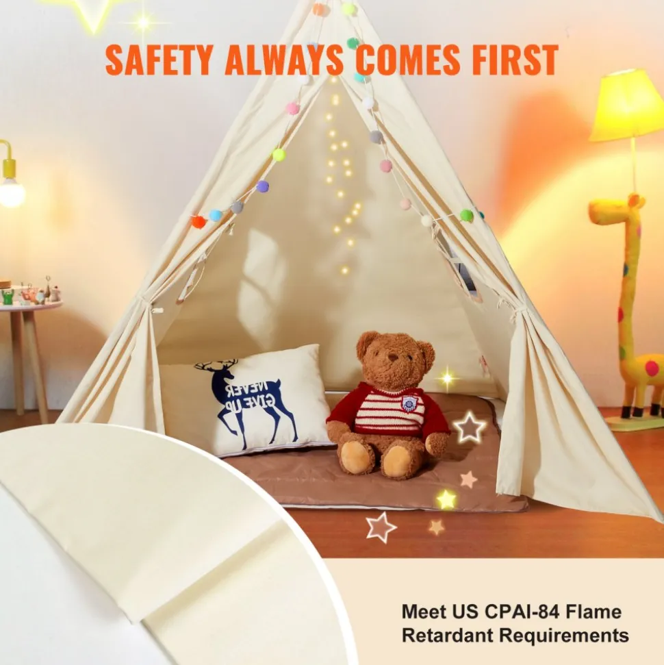 VEVOR Kids Play Tent, Teepee Tent for Kids 1-5 Years Old, Tent for Kids with Windows for Indoor and Outdoor, Toddler Tent with Mat and Plush Decorative Balls, for Boys and Girls, Beige