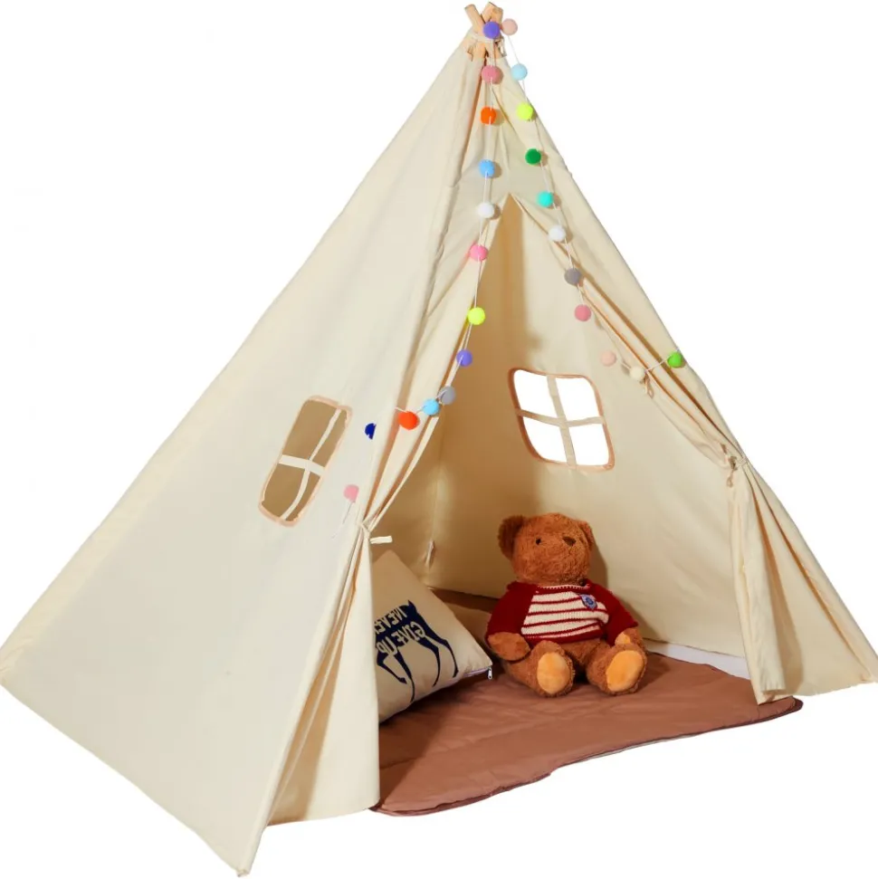 VEVOR Kids Play Tent, Teepee Tent for Kids 1-5 Years Old, Tent for Kids with Windows for Indoor and Outdoor, Toddler Tent with Mat and Plush Decorative Balls, for Boys and Girls, Beige