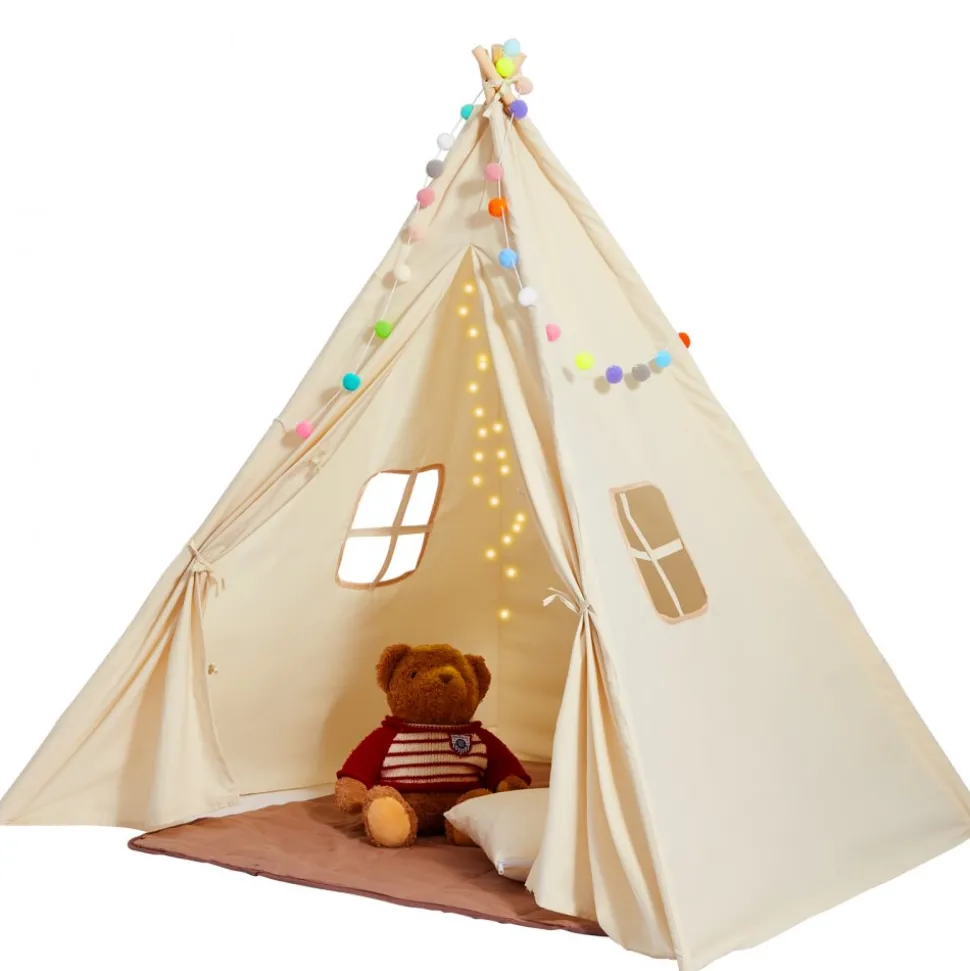 VEVOR Kids Play Tent, Teepee Tent for Kids 1-5 Years Old, Tent for Kids with Windows for Indoor and Outdoor, Toddler Tent with Mat and Plush Decorative Balls, for Boys and Girls, Beige