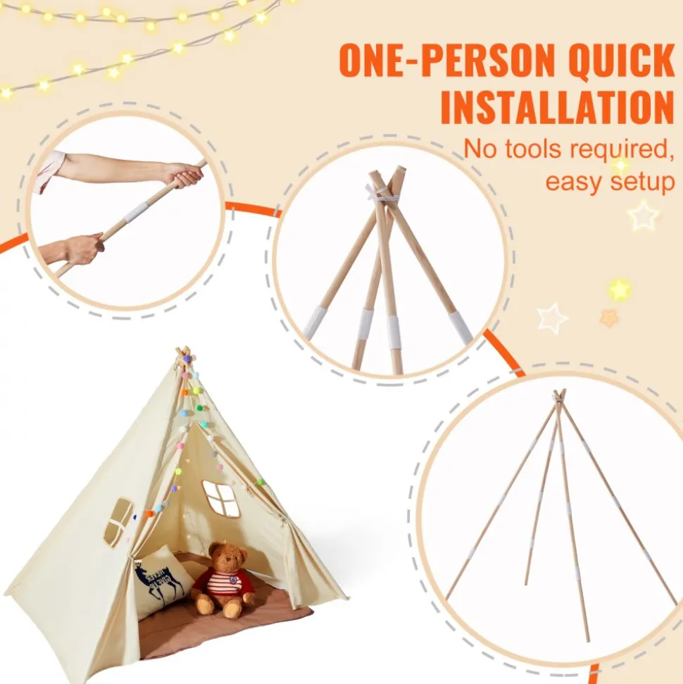 VEVOR Kids Play Tent, Teepee Tent for Kids 1-5 Years Old, Tent for Kids with Windows for Indoor and Outdoor, Toddler Tent with Mat and Plush Decorative Balls, for Boys and Girls, Beige