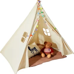 VEVOR Kids Play Tent, Teepee Tent for Kids 1-5 Years Old, Tent for Kids with Windows for Indoor and Outdoor, Toddler Tent with Mat and Plush Decorative Balls, for Boys and Girls, Beige