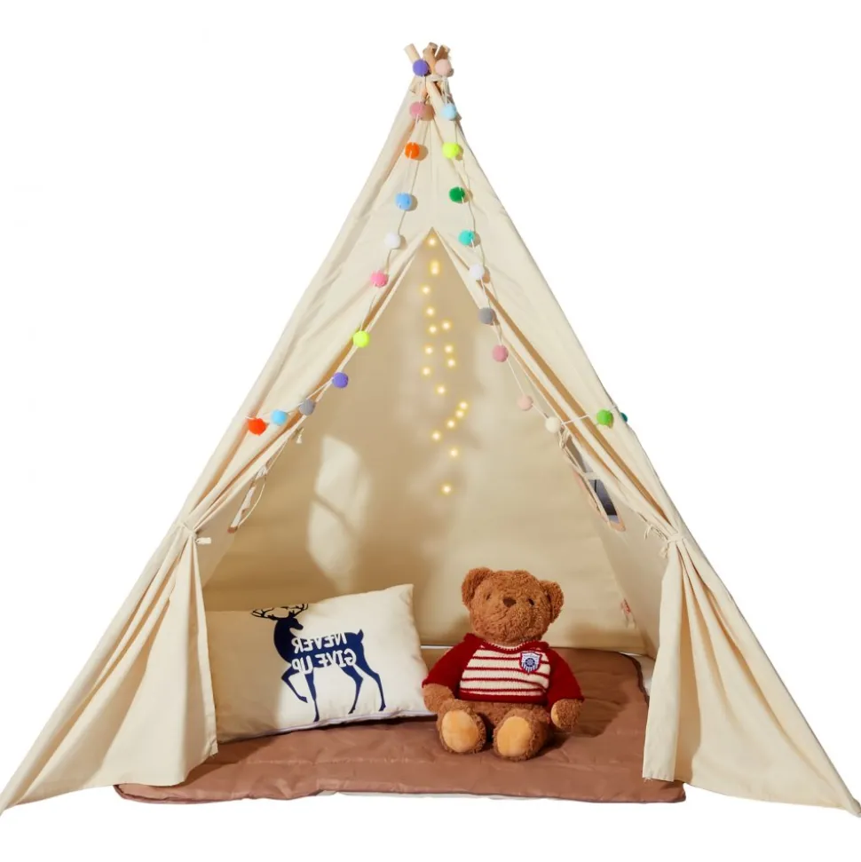 VEVOR Kids Play Tent, Teepee Tent for Kids 1-5 Years Old, Tent for Kids with Windows for Indoor and Outdoor, Toddler Tent with Mat and Plush Decorative Balls, for Boys and Girls, Beige