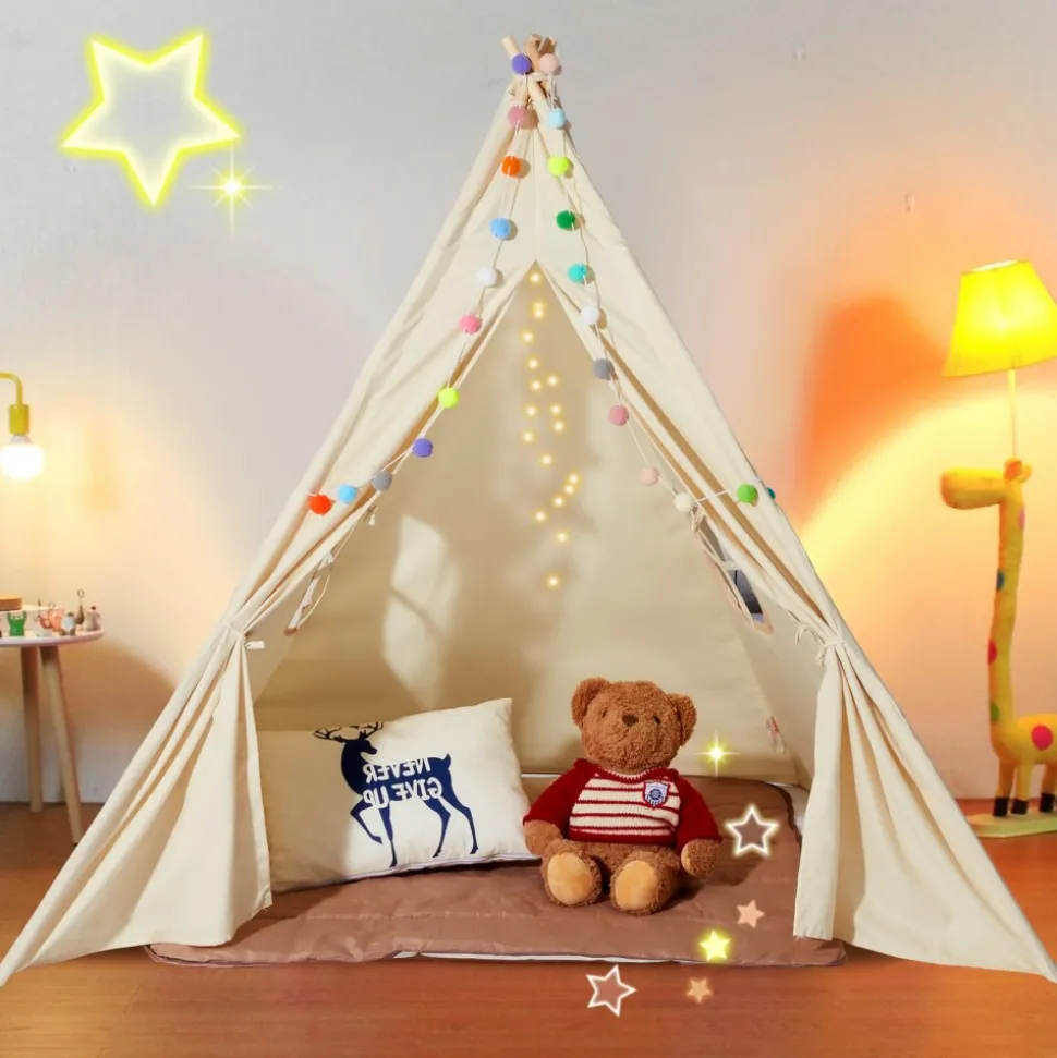 VEVOR Kids Play Tent, Teepee Tent for Kids 1-5 Years Old, Tent for Kids with Windows for Indoor and Outdoor, Toddler Tent with Mat and Plush Decorative Balls, for Boys and Girls, Beige