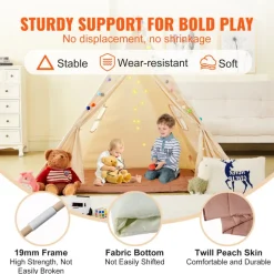 VEVOR Kids Play Tent, Teepee Tent for Kids 1-5 Years Old, Tent for Kids with Windows for Indoor and Outdoor, Toddler Tent with Mat and Plush Decorative Balls, for Boys and Girls, Beige