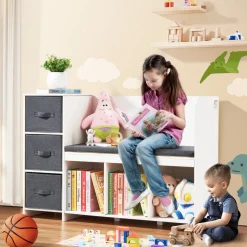 VEVOR Kids Reading Nook Bench, Toddler Bookshelf and Bookcase with Detachable Seat Cushion, 6-Cubby Storage Organizer Bench with 3 Drawers, Ideal for Playroom, Bedroom, Living Room or Entryway, White