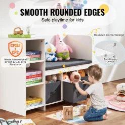 VEVOR Kids Reading Nook Bench, Toddler Bookshelf and Bookcase with Detachable Seat Cushion, 6-Cubby Storage Organizer Bench with 3 Drawers, Ideal for Playroom, Bedroom, Living Room or Entryway, White