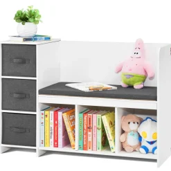 VEVOR Kids Reading Nook Bench, Toddler Bookshelf and Bookcase with Detachable Seat Cushion, 6-Cubby Storage Organizer Bench with 3 Drawers, Ideal for Playroom, Bedroom, Living Room or Entryway, White