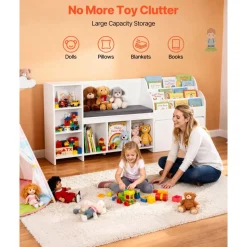 VEVOR Kids Reading Nook, Wooden Storage Bench with Backrest, Kids Bookshelf & Toy Organizer, Large Toy Box Chest for Playroom, Living Room or Entryway, Easy Assembly, 66.9 x 15.8 x 31.5 in, White