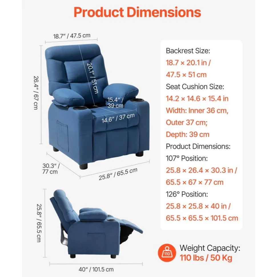 VEVOR Kids Recliner Chair, Toddler Lounger with Cup Holders & Pockets, 107° to 126° Adjustable Back, Breathable Polyester Upholstery Reclining Sofa with Foot-rest, for Boys and Girls, Children (Blue)