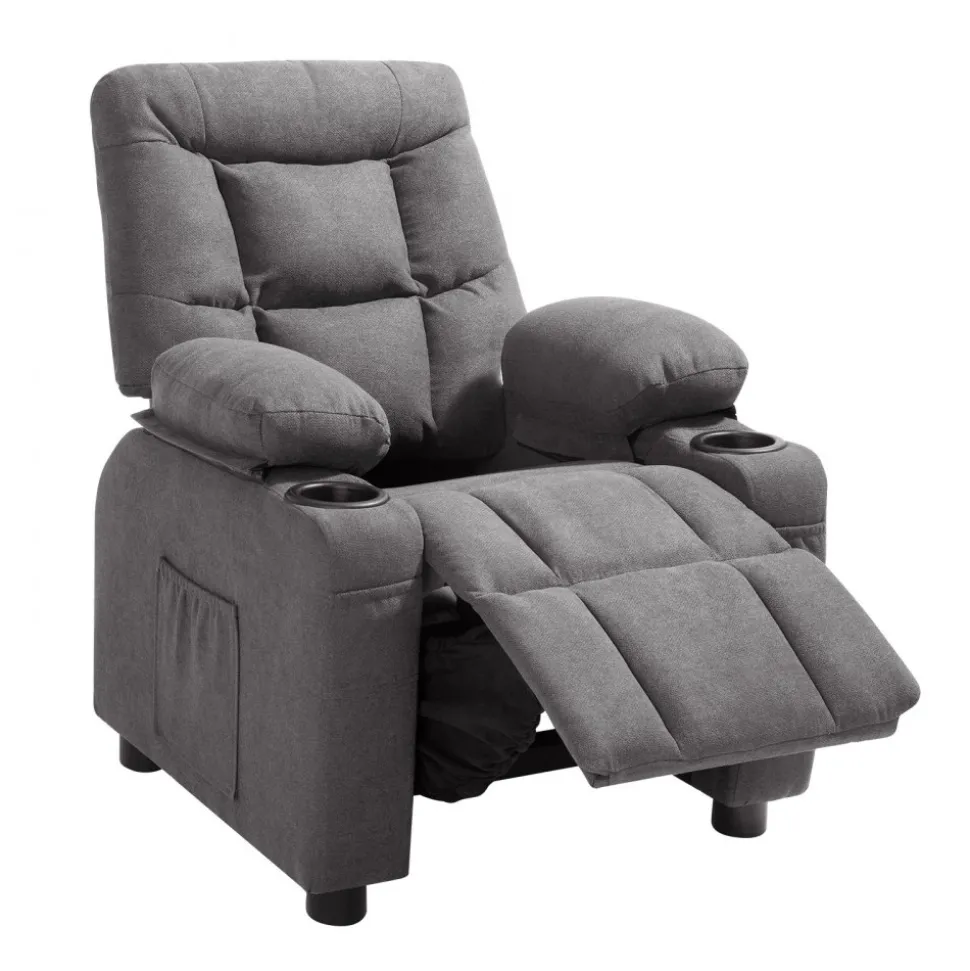VEVOR Kids Recliner Chair, Toddler Lounger with Cup Holders & Pockets, 107° to 126° Adjustable Back, Breathable Polyester Upholstery Reclining Sofa with Foot-rest, for Boys and Girls, Children (Gray)