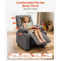 VEVOR Kids Recliner Chair, Toddler Lounger with Cup Holders & Pockets, 107° to 126° Adjustable Back, Breathable Polyester Upholstery Reclining Sofa with Foot-rest, for Boys and Girls, Children (Gray)