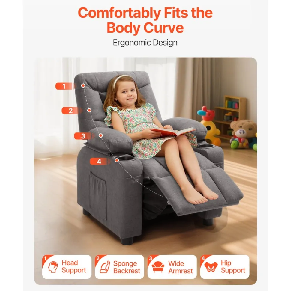 VEVOR Kids Recliner Chair, Toddler Lounger with Cup Holders & Pockets, 107° to 126° Adjustable Back, Breathable Polyester Upholstery Reclining Sofa with Foot-rest, for Boys and Girls, Children (Gray)