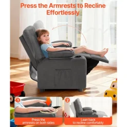 VEVOR Kids Recliner Chair, Toddler Lounger with Cup Holders & Pockets, 107° to 126° Adjustable Back, Breathable Polyester Upholstery Reclining Sofa with Foot-rest, for Boys and Girls, Children (Gray)